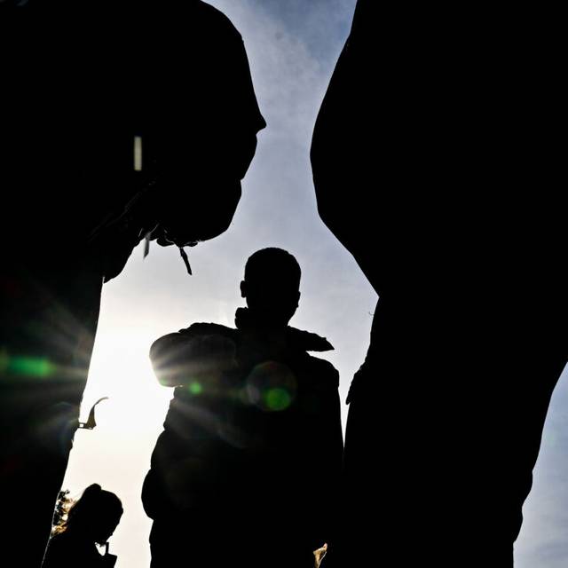 Beamten der Bundespolizei stehen vor einem unerlaubt eingereisten Migrant (M). der nahe Forst (Lausitz) aufgegriffen wurde