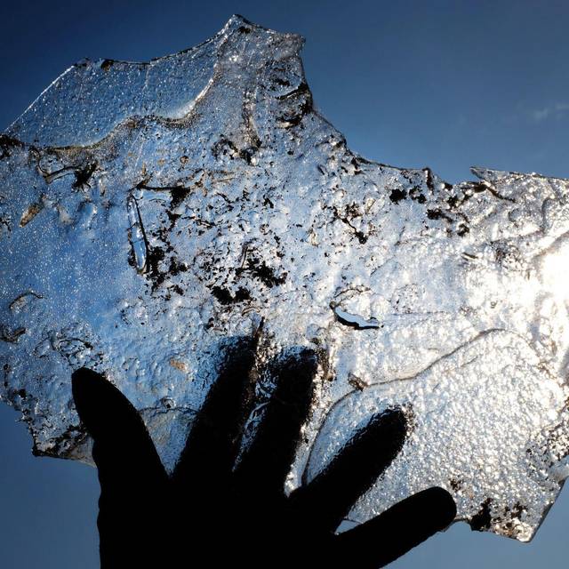 Eine Hand hält eine Eisplatte vor blauem Himmel
